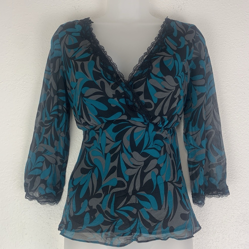 Nine‎ West Top Womens 4 Babydoll Y2K Silk Lace Trim Fairy Grunge Sheer Blouse